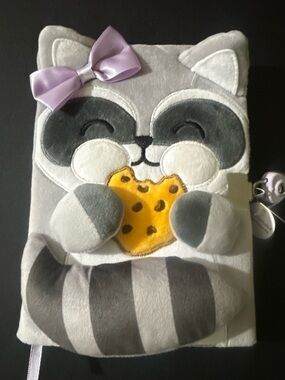 Plush Raccoon Notebook Cover with Bow - Gray, White & Yellow Heart